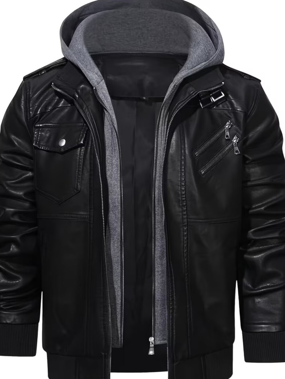 Men's Black Faux Leather Hooded Jacket